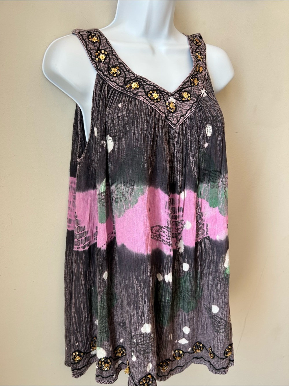 Boho Crinkle Beaded Tunic Tank | Artsy Festival Lagenlook Oversized OSFM